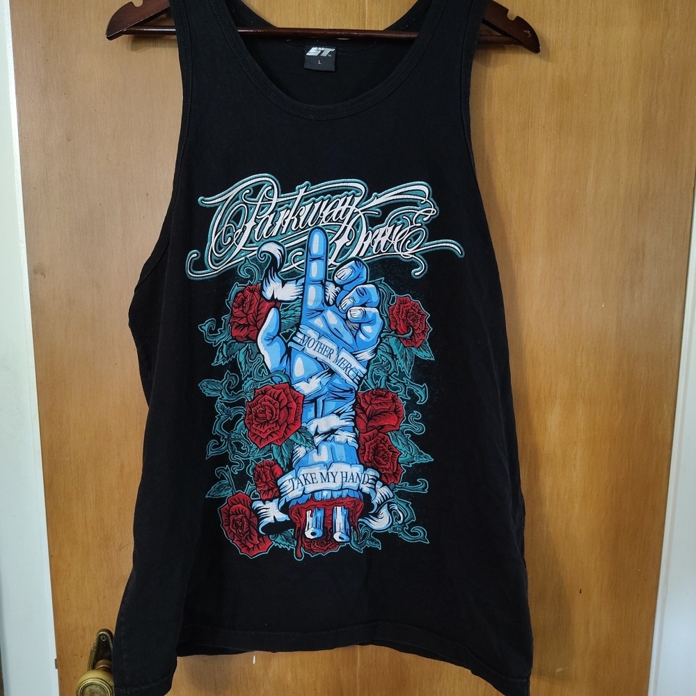 Black Graphic Tank Top with Blue and Red Design